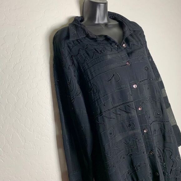 VTG Chico’s Black Beaded Oversized button Up Tunic Swim Cover Up Split Hem 3 XL - Picture 2 of 16